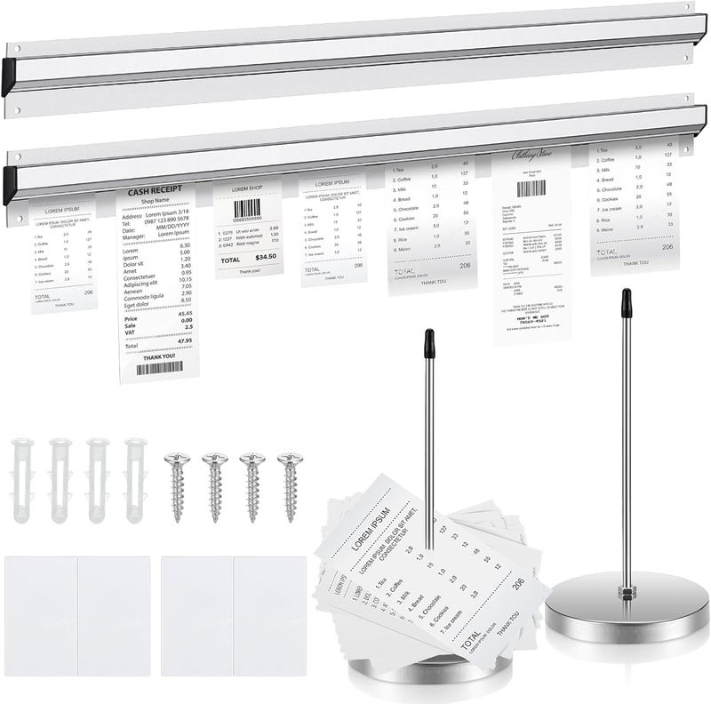 Photect 2 Pcs 27.6 Inch Restaurant Ticket Holder with 2 Stainless Steel Receipt Holder Spike Aluminum Slide Rack Rail for Restaurant Cafes Kitchen Pub Bar Hotel, Silver - Image 1